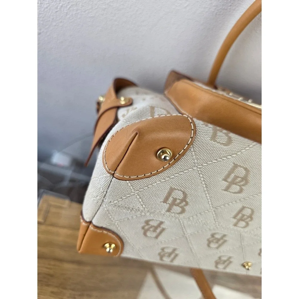 Dooney & Bourke Signature Monogram Canvas Satchel Tan Leather Trim Bag